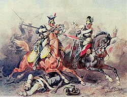 A Polish lancer (left) fighting against an Austrian cuirassier during the Napoleonic Wars