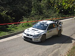 Gareth Jones driving a Subaru Impreza WRC at the 2008 rally.