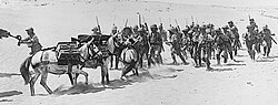 Lewis gun section of the 2nd Battalion, Leicestershire Regiment with their mules at Arsuf Coastal Sector, summer 1918