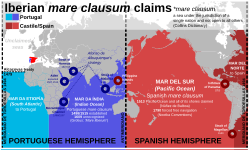 Map of the mare clausum claims made by Spanish Empire and Portuguese Empire, with Afonso's "Strait Controlling" strategy marked in blue circles.