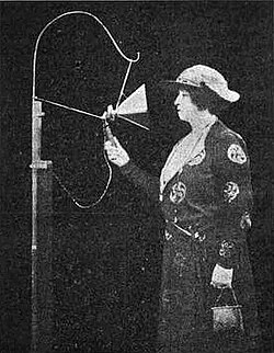 Nellie Melba making a broadcast over the Marconi Chelmsford Works radio station in England on June 15, 1920.[11]