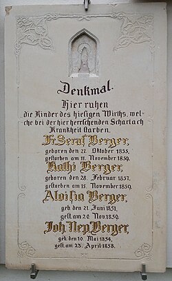 Bad Füssing, Germany: Memorial to the local innkeeper's four children, who all died during a local wave of scarlet fever in 1858–59