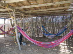 Typical Wayuu rectangular "day house" with hammocks by the Caribbean Sea. The Chinchorros hammocks are one of the most traditional items in the culture of La Guajira