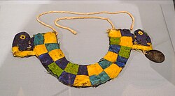 Chimu culture feather pectoral, feathers, reed, copper, silver, hide, cordage, c. 1350–1450