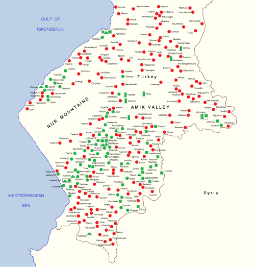 Late 20th – early 21st century language distribution. • Turkish • Arabic speakers are shown by religious affiliation: Alawite (circle), Christian (triangle), Sunni (square), Bedouin Sunni (rectangle), Jewish (rhombus).[45][a]