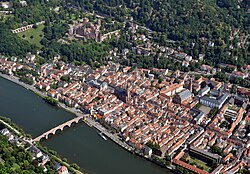 Heidelberg with the Neckar river and the vast Heidelberg Schloss (upper picture part)
