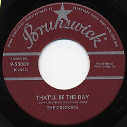 During the 1950s, the artists on Brunswick and Coral were interchangeable. This single by Buddy Holly and the Crickets, who were signed to Coral, was released on Brunswick.