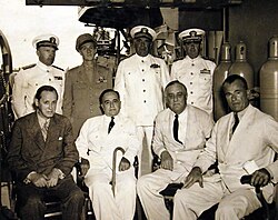 The presidents of Brazil, Getúlio Vargas, and the United States, Franklin Delano Roosevelt, during the Potengi Conference, held aboard the USS Humboldt on 28 January 1943, with Harry Hopkins, Roosevelt's advisor (left) and Jefferson Caffery, US ambassador to Brazil (right)