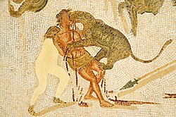 Condemned man attacked by a leopard in the arena (3rd-century mosaic from Tunisia)