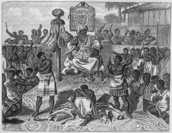 Trumpeters appear in a seventeenth-century depiction of the court of the King of Loango, a Kongo kingdom, 1686