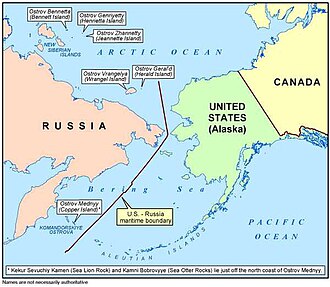 The United States–Russia border according to the USSR–USA Maritime Boundary Agreement