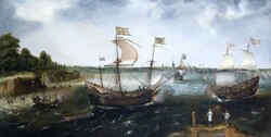1616 painting of an English privateer attacking a Dutch merchantman off La Rochelle