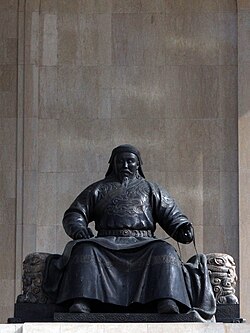Statue of Kublai Khan in Sükhbaatar Square, Ulaanbaatar. Together with Ögedei Khan's, and the much larger Genghis Khan's statues, it forms a statue complex dedicated to the Mongol Empire.