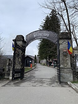 The entrance to Cantacuzino Castle as of April 2023 has been marketed as the shooting location of Nevermore Academy