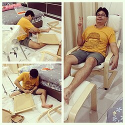 A man assembling an IKEA Poäng chair