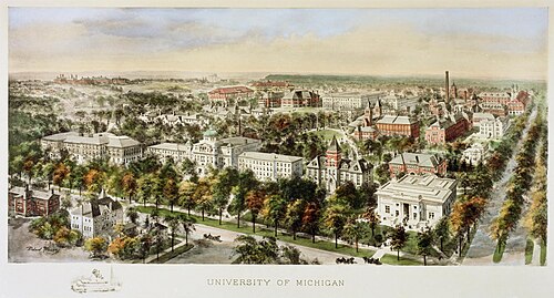 A hand-colored lithograph depicting a view of the University of Michigan by Richard Rummell in 1907