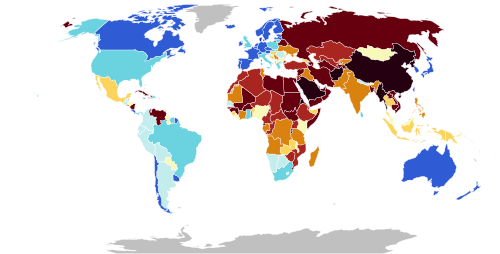 V-Dem Democracy Indices for 2025[260] with blue more democratic and brown more authoritarian