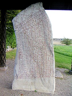 An inscription using cipher runes, the Elder Futhark, and the Younger Futhark, on the 9th-century Rök runestone in Sweden