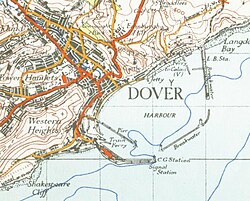 1945 Ordnance Survey map of Dover, showing the harbour