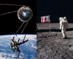 Clockwise from top left: Sputnik 1, Apollo 11 Moon landing, Space station Mir