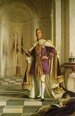 Portrait by Sir Gerald Kelly. The Imperial State Crown is on the right.