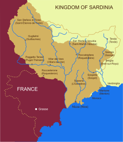 A map of the County of Nice western part of Liguria showing the area of the Italian kingdom of Sardinia annexed in 1860 to France (light brown). The area in red had already become part of France before 1860.