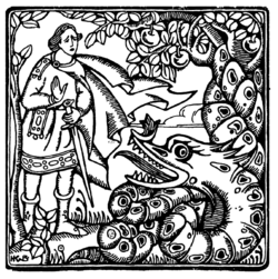 Engraving of a fairy tale scene, featuring Prince Charming (Făt-Frumos) and a dragon (zmeu).