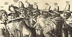 A 17th-century engraving of the leaders of the Gunpowder Plot, a failed assassination attempt against James I of England