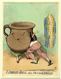 Cartoon by James Gillray of William and Mrs. Jordan: A large, cracked chamber-pot represents Mrs. Jordan, and the Duke has thrust himself into a fissure in the "Jordan".