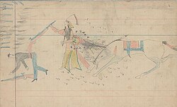 Ledger drawing of an Arapaho warrior with headdress, counting coup with rifle butt on a U.S. soldier.