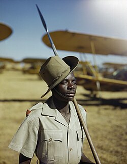 An askari with an assegai at AFB Waterkloof, Pretoria, South Africa, January 1943.