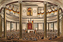 Opening of the Frankfurt National Assembly, the first German national parliament, in the Paulskirche with Germania hanging above