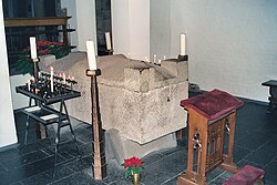 Roman sarcophagus containing the relics of Albertus Magnus in the crypt of St. Andrew's Church, Cologne, Germany