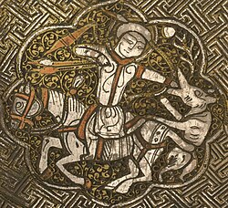 Hunting scene on the Blacas ewer, 1232, Mosul, Zengid dynasty.[24]