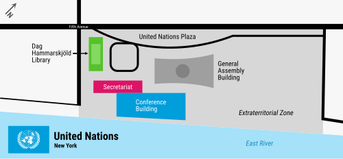 Map of the United Nations headquarters. The green rectangle is the Dag Hammarskjöld Library, the purple rectangle is the Secretariat, the blue trapezoid is the Conference Building, and the grey shape is the General Assembly Building.