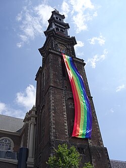 LGBT flag on the Westerkerk of Amsterdam during the Gay Pride 2016