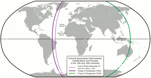 Castile and Portugal divided the world in The Treaty of Tordesillas.