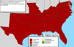 School desegregation in the southern states from 1953 to 1976 Note that "integrated school" is defined as a school with at least one white and one black student, thus underestimating the extent of de facto segregation