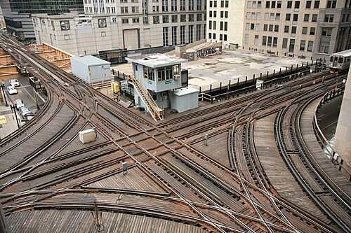 90-foot (27 m) radii on the elevated 4 ft 8+1⁄2 in (1,435 mm) standard gauge Chicago 'L'. There is no room for longer radii at this cross junction in the northwest corner of the Loop.