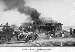 A burning Gasthaus during the fight at Usdau on 27 August