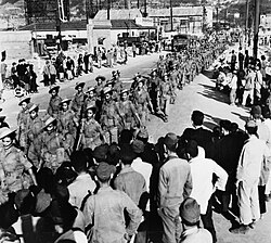 The 2nd/5th Royal Gurkha Rifles marching through Kure soon after their arrival in Japan in May 1946 as part of the Allied forces of occupation