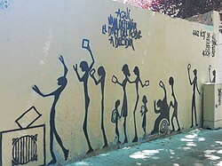 1-O commemorative mural in front of a polling station in the Sant Andreu district of Barcelona. Votes: 4009 Yes, 292 No, 123 blank, 28 null