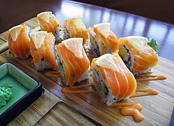 Norway roll (ノルウェー巻き). A Norwegian businessman introduced the use of salmon as a sushi ingredient to Japan in the 1980s.[61]