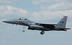 USAF F-15E arrives for the 2014 Royal International Air Tattoo, UK