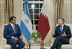 Sheikh Tamim with Argentinian president Mauricio Macri at the Presidential Residence of Olivos in Buenos Aires, July 2016