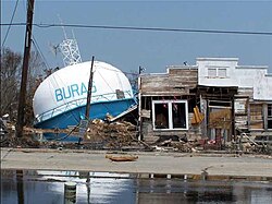 A fallen water tower in Buras-Triumph, Louisiana, where Katrina made landfall