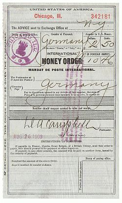 An international money order issued in Chicago for encashment in Germany