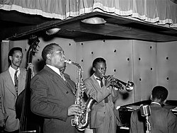 Tommy Potter, Charlie Parker, Max Roach, Miles Davis and Duke Jordan in August 1947