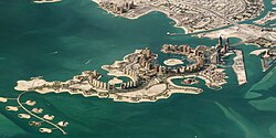 The Pearl is a purpose-built artificial island off the coast of Doha, connected to the mainland by a bridge.