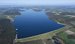 Aerial view of Großer Brombachsee from the dam towards the west